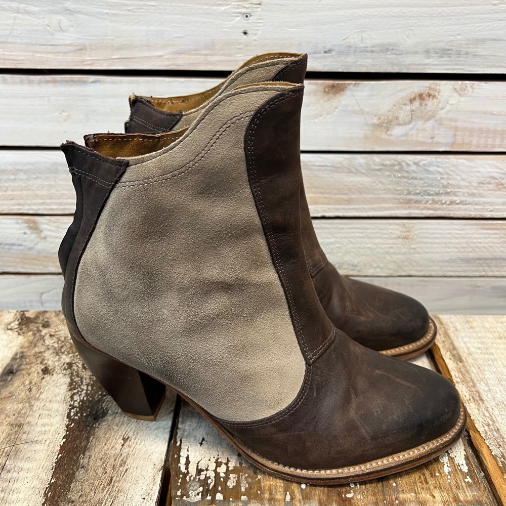Vintage J Shoes Brown Leather Suede Ranch Boot Western Ankle Zip Size 8